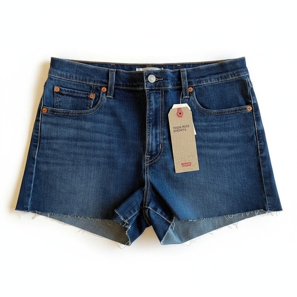 NWT Levis High Rise Shorts Raw Hem Dark Wash Womens 32 or 14 Boho Classic Summer